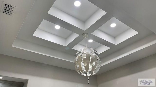 details featuring visible vents, coffered ceiling, beamed ceiling, and recessed lighting