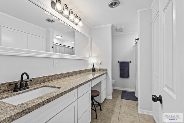 bathroom featuring vanity, tile patterned floors, a shower with curtain, crown molding, and toilet