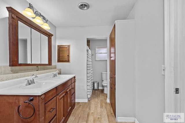 bathroom featuring vanity, toilet, and wood-type flooring