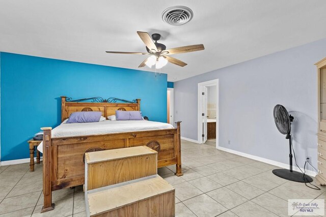 tiled bedroom featuring ceiling fan