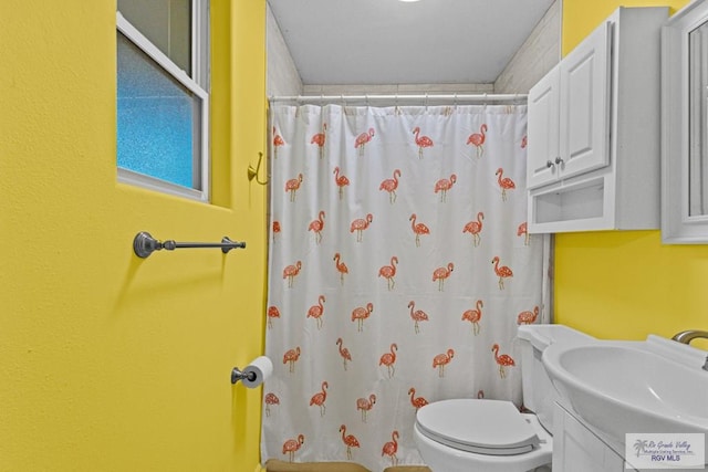 bathroom with a shower with curtain, vanity, and toilet