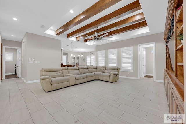5706 Spicewood, Harlingen, TX 78552 - living area featuring a ceiling fan, beamed ceiling, and recessed lighting
