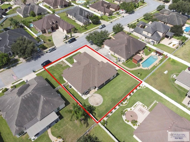 5706 Spicewood, Harlingen, TX 78552 - aerial perspective of suburban area featuring a pool area and property boundaries highlighted