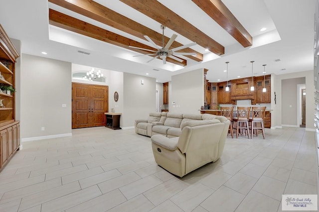 5706 Spicewood, Harlingen, TX 78552 - living area with a chandelier, beam ceiling, recessed lighting, and a ceiling fan