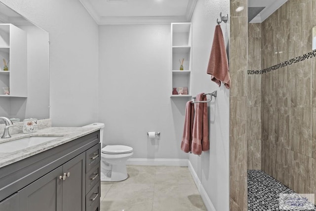 full bath with baseboards, toilet, ornamental molding, vanity, and a walk in shower