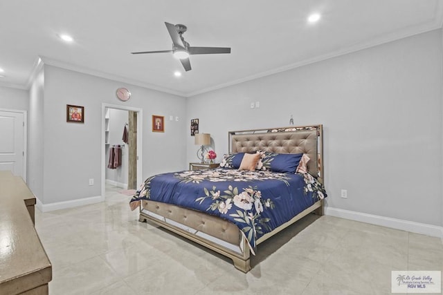 bedroom featuring crown molding, recessed lighting, a ceiling fan, and baseboards