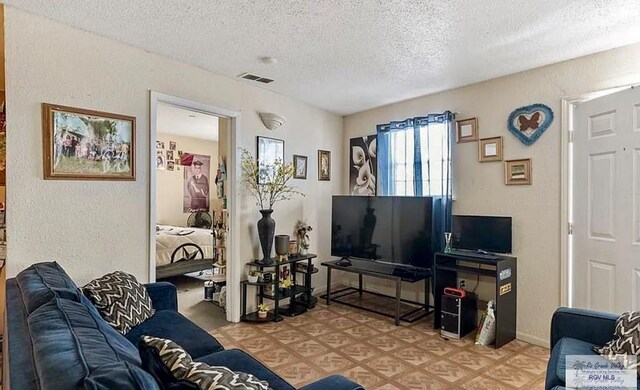 living room featuring a textured ceiling