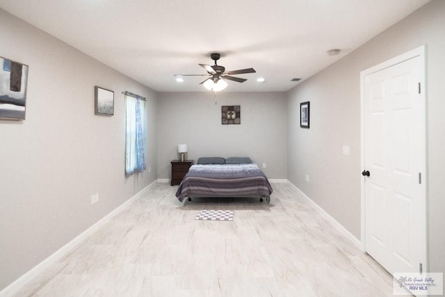 bedroom featuring recessed lighting, baseboards, and ceiling fan