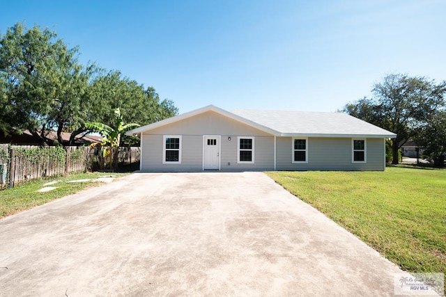 single story home featuring concrete driveway, a front yard, and fence