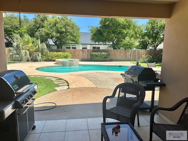 view of swimming pool featuring a patio area, grilling area, a fenced backyard, and a pool with connected hot tub