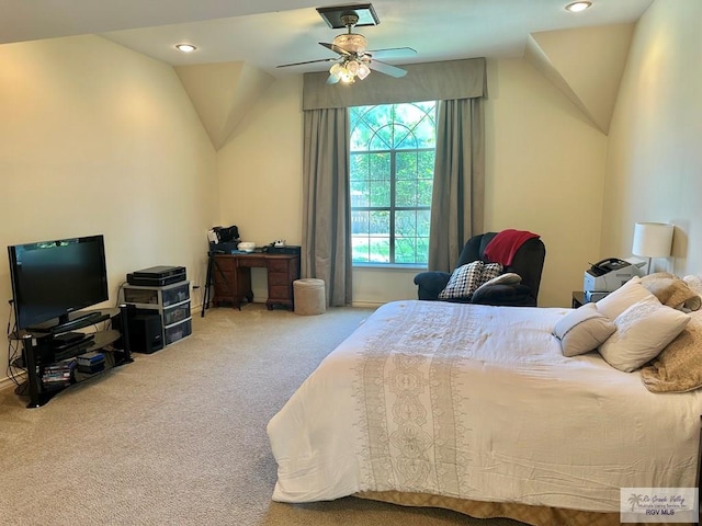 bedroom with ceiling fan, vaulted ceiling, carpet, and recessed lighting