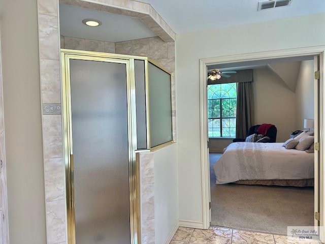 full bath featuring baseboards, a stall shower, ensuite bathroom, visible vents, and ceiling fan