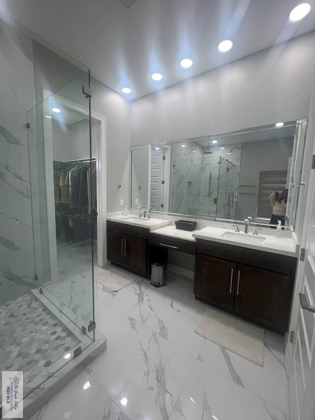 27360 Prudencia St Unit 16, Brownsville, TX 78521 - full bath featuring marble tiled floors, a marble finish shower, double vanity, and recessed lighting