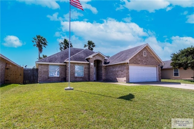 single story home with a garage and a front lawn