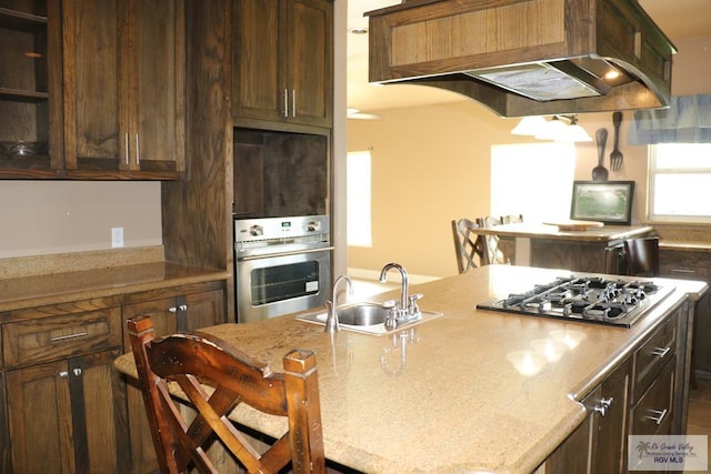 kitchen featuring appliances with stainless steel finishes, light stone counters, custom exhaust hood, dark brown cabinets, and sink