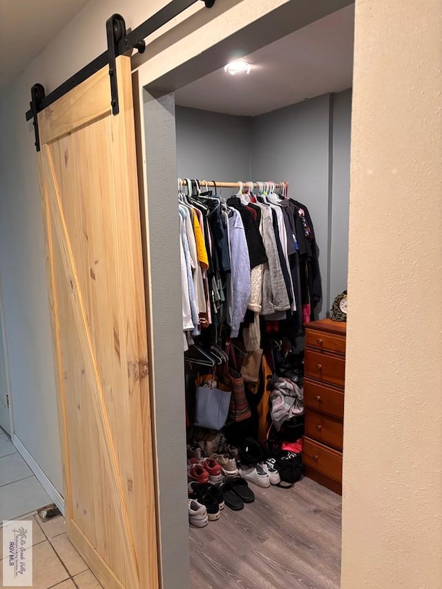 spacious closet featuring a barn door and light hardwood / wood-style flooring