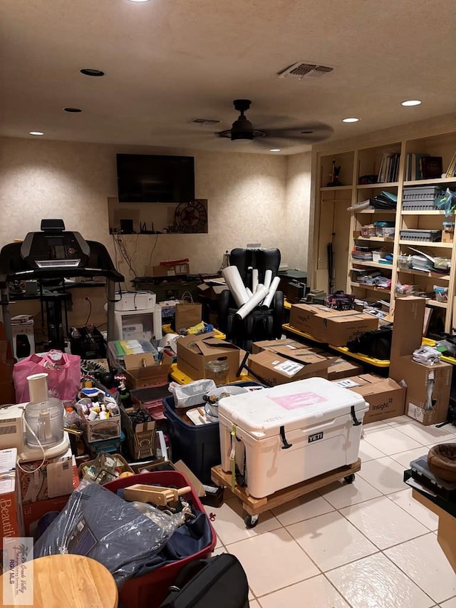 misc room featuring recessed lighting, tile patterned floors, visible vents, and ceiling fan