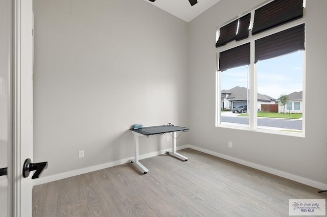 empty room featuring ceiling fan and light hardwood / wood-style floors