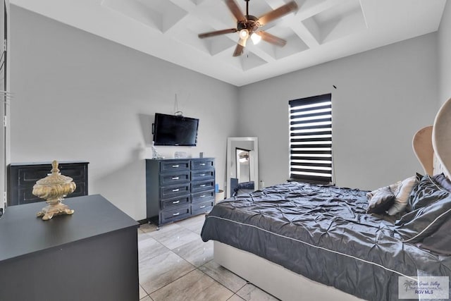 bedroom featuring ceiling fan, coffered ceiling, and beamed ceiling