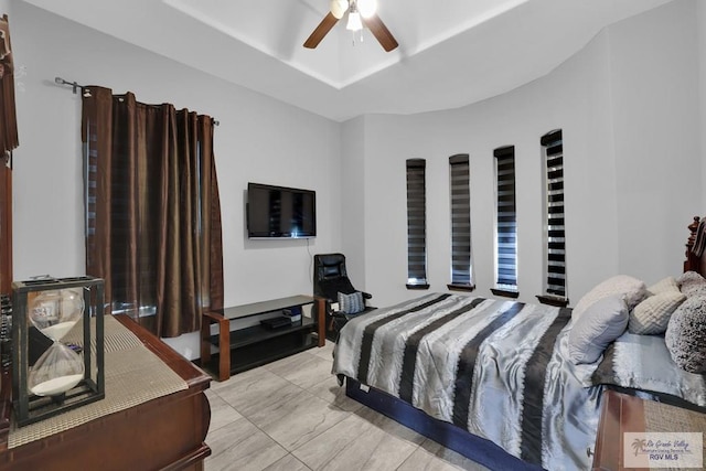bedroom with a tray ceiling and ceiling fan