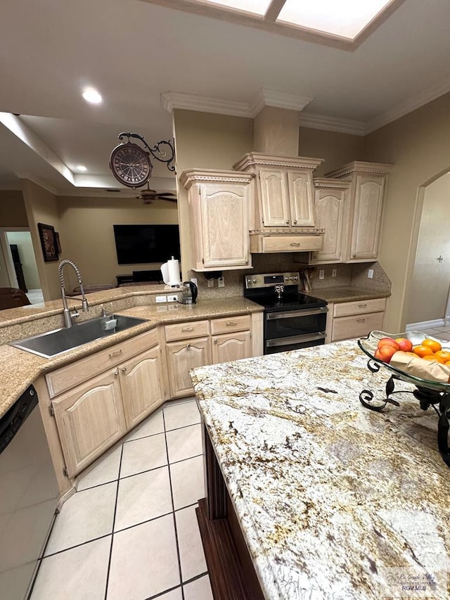 6020 Rusty Nail Dr, Brownsville, TX 78526 - kitchen featuring appliances with stainless steel finishes, light brown cabinets, exhaust hood, light tile patterned flooring, and ornamental molding