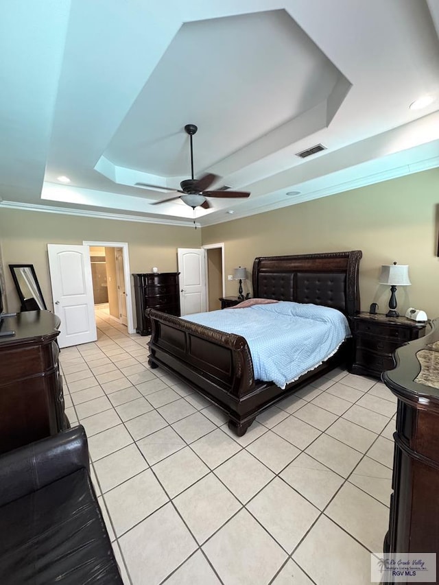 6020 Rusty Nail Dr, Brownsville, TX 78526 - bedroom featuring a raised ceiling, light tile patterned floors, a ceiling fan, ornamental molding, and recessed lighting