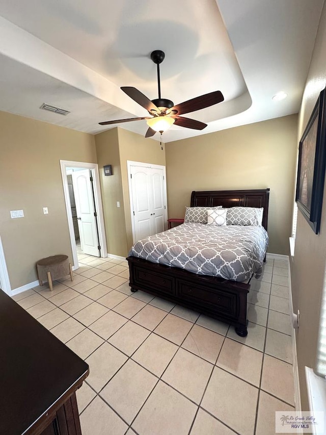 6020 Rusty Nail Dr, Brownsville, TX 78526 - bedroom featuring light tile patterned floors, ceiling fan, and a closet