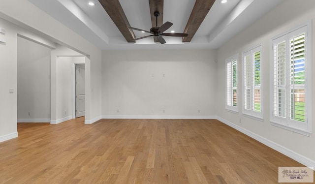 8005 King Sago Ct, Harlingen, TX 78552 - spare room with light wood-type flooring, ceiling fan, beam ceiling, and recessed lighting