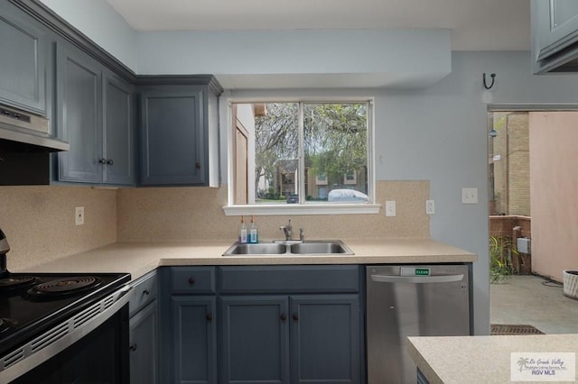 kitchen featuring a sink, light countertops, stainless steel dishwasher, under cabinet range hood, and black range with electric stovetop