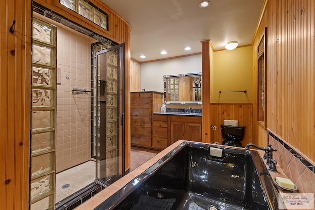509 Lake Dr, Harlingen, TX 78550 - full bathroom with wainscoting, a stall shower, recessed lighting, vanity, and wood walls