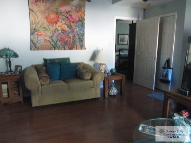 living room with dark hardwood / wood-style flooring