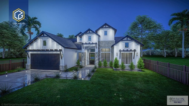 view of front facade featuring a front yard, stone siding, fence, and driveway