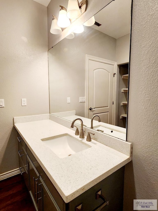 bathroom with hardwood / wood-style floors and vanity