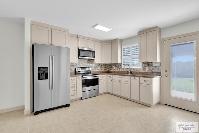 kitchen featuring decorative backsplash, light tile patterned flooring, sink, and stainless steel appliances