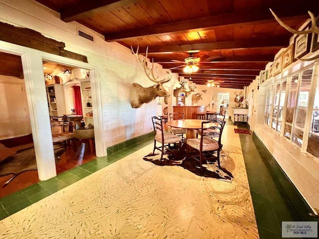 1914 S Parkwood Dr, Harlingen, TX 78550 - dining room featuring a ceiling fan and a wooden ceiling with exposed beams