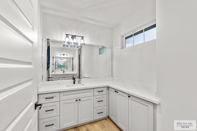 bathroom with vanity and hardwood / wood-style flooring