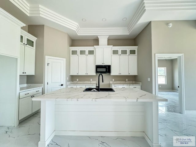 kitchen featuring a center island with sink, light stone counters, sink, and a tray ceiling