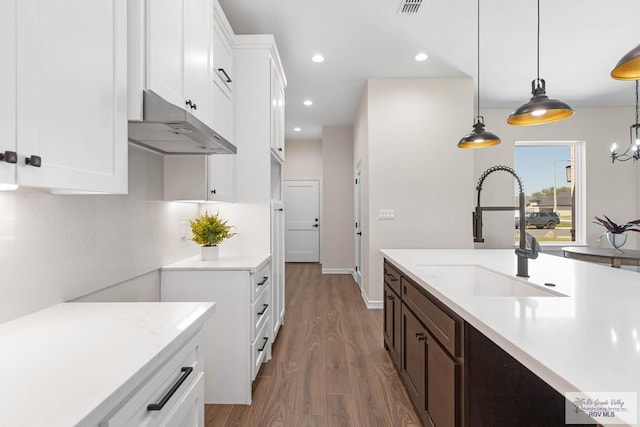 kitchen featuring under cabinet range hood, white cabinetry, light countertops, and a sink