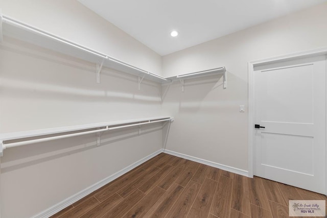 walk in closet featuring dark wood-style flooring