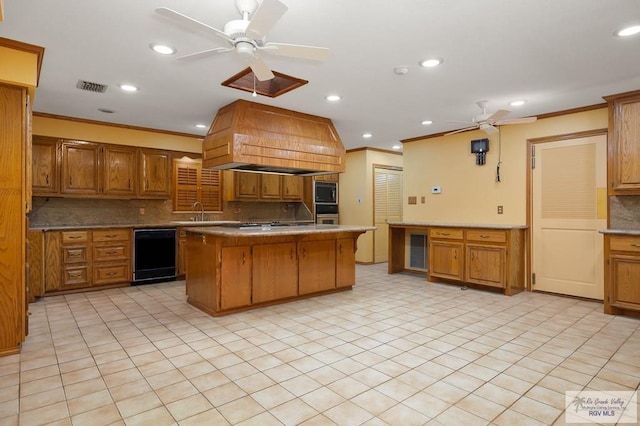 kitchen featuring a kitchen island, black dishwasher, ceiling fan, crown molding, and custom range hood