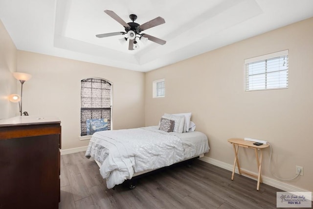 bedroom with a tray ceiling, multiple windows, ceiling fan, and dark hardwood / wood-style floors