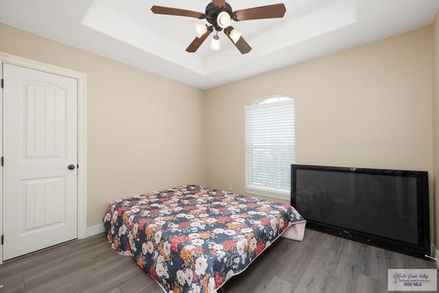 bedroom with a raised ceiling, ceiling fan, and dark wood-type flooring