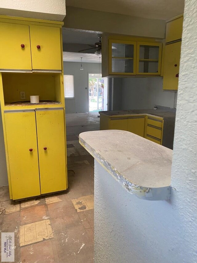 610 Charlotte St, San Benito, TX 78586 - kitchen with a ceiling fan and glass insert cabinets