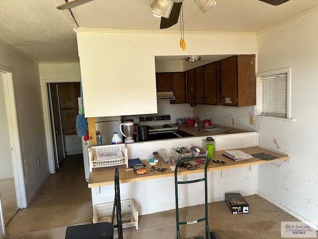 kitchen with ceiling fan, white electric stove, dark brown cabinets, and a textured ceiling