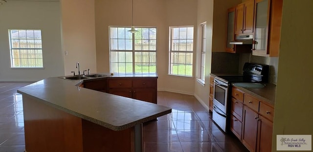 kitchen featuring a wealth of natural light, sink, stainless steel range with electric cooktop, and hanging light fixtures