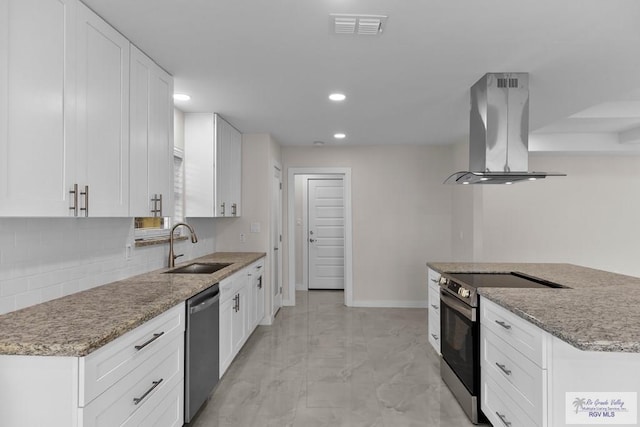 kitchen featuring white cabinetry, island range hood, stainless steel appliances, and sink