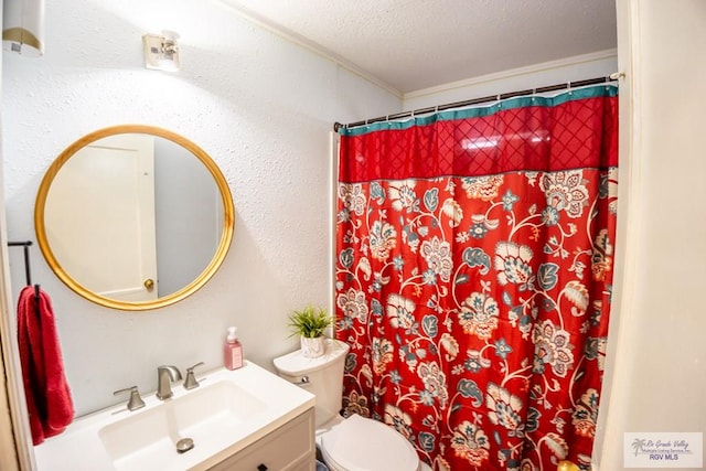 bathroom with toilet, vanity, crown molding, a textured ceiling, and curtained shower