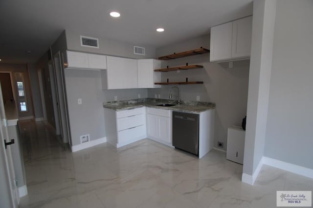 200 Padre Blvd Unit 2306, Port Isabel, TX 78597 - kitchen featuring dishwasher, open shelves, light stone counters, light marble finish flooring, and recessed lighting