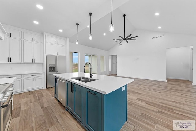 kitchen featuring blue cabinets, sink, ceiling fan, appliances with stainless steel finishes, and white cabinetry