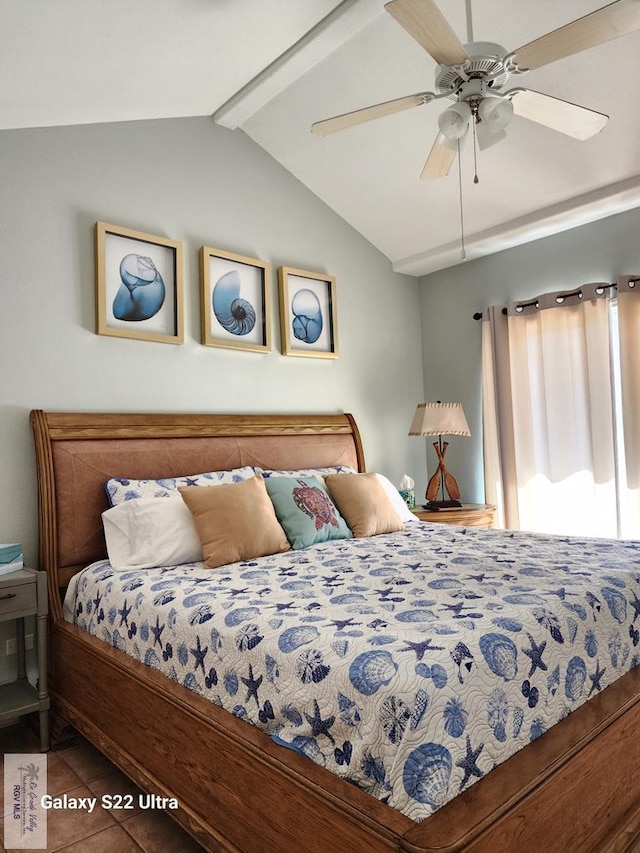 bedroom featuring vaulted ceiling with beams, tile patterned floors, and ceiling fan